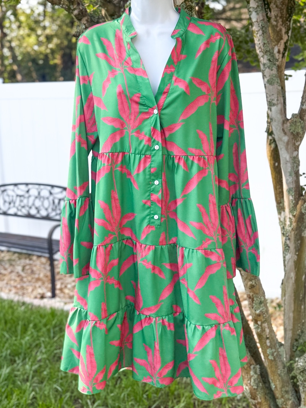 Women’s Tropical Palm Print Tiered Mini Dress Green Pink Large